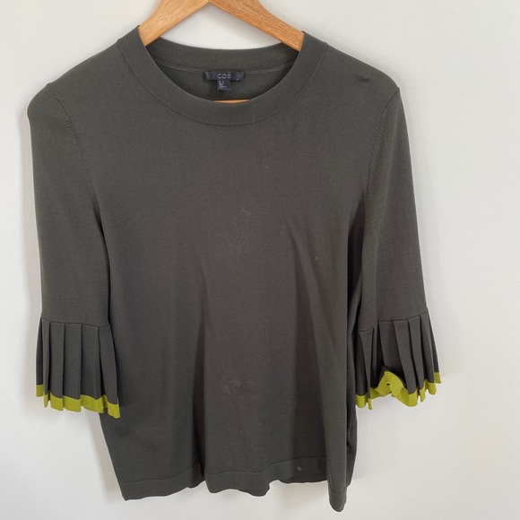 COS Pleated Bell-Sleeve Crew Neck Top- Army Green - Picture 3 of 8